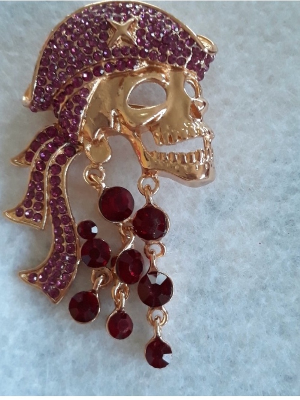 Betsey Johnson Skull Pirate necklace/Brooch with Purple and Burgundy Crystals